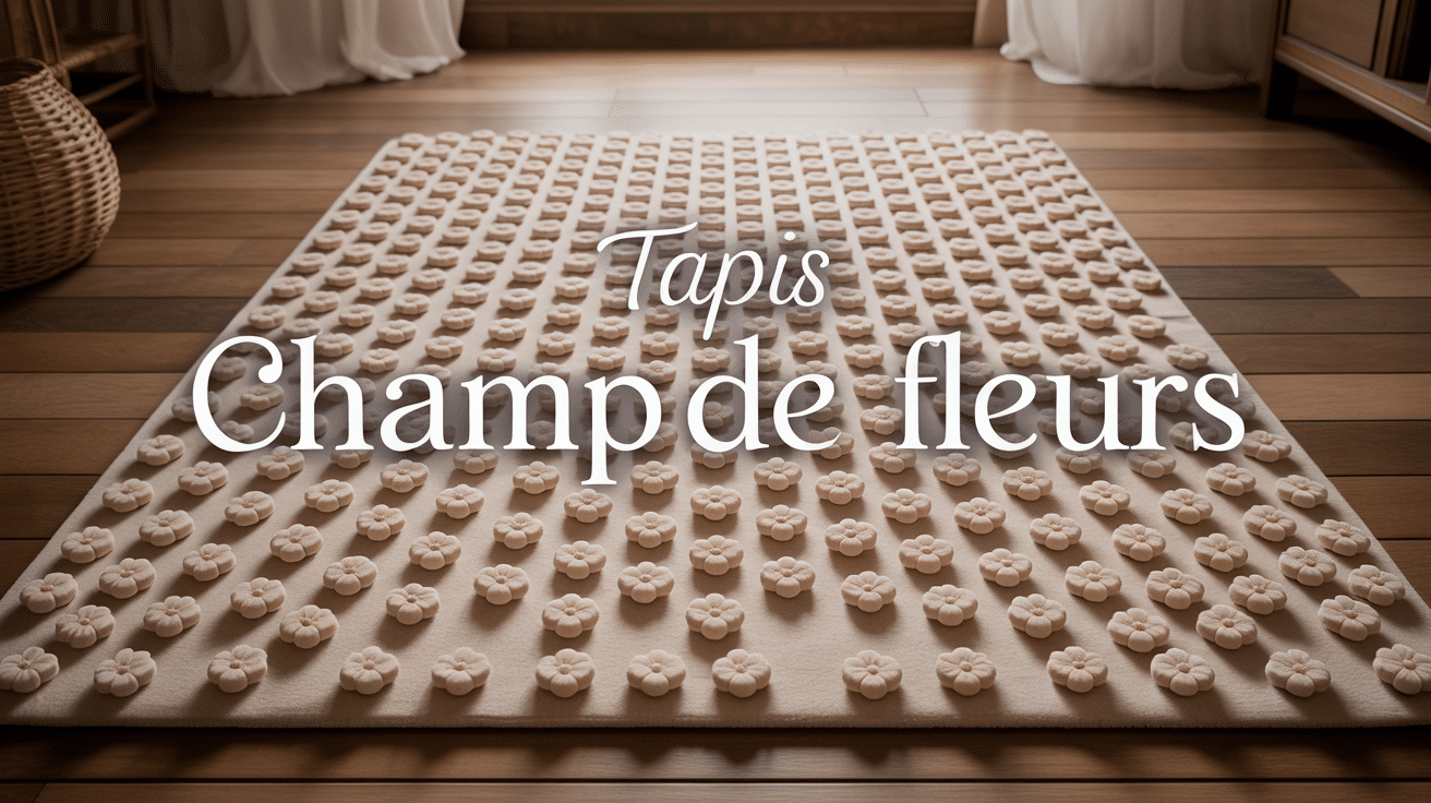 Tapis champ de fleurs rectangulaire beige sur sol en bois