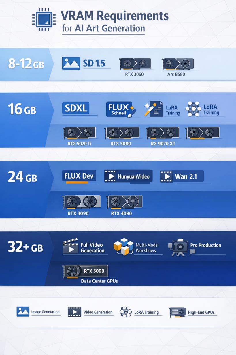 Infographie des besoins en VRAM pour les modèles IA Stable Diffusion, FLUX et SDXL
